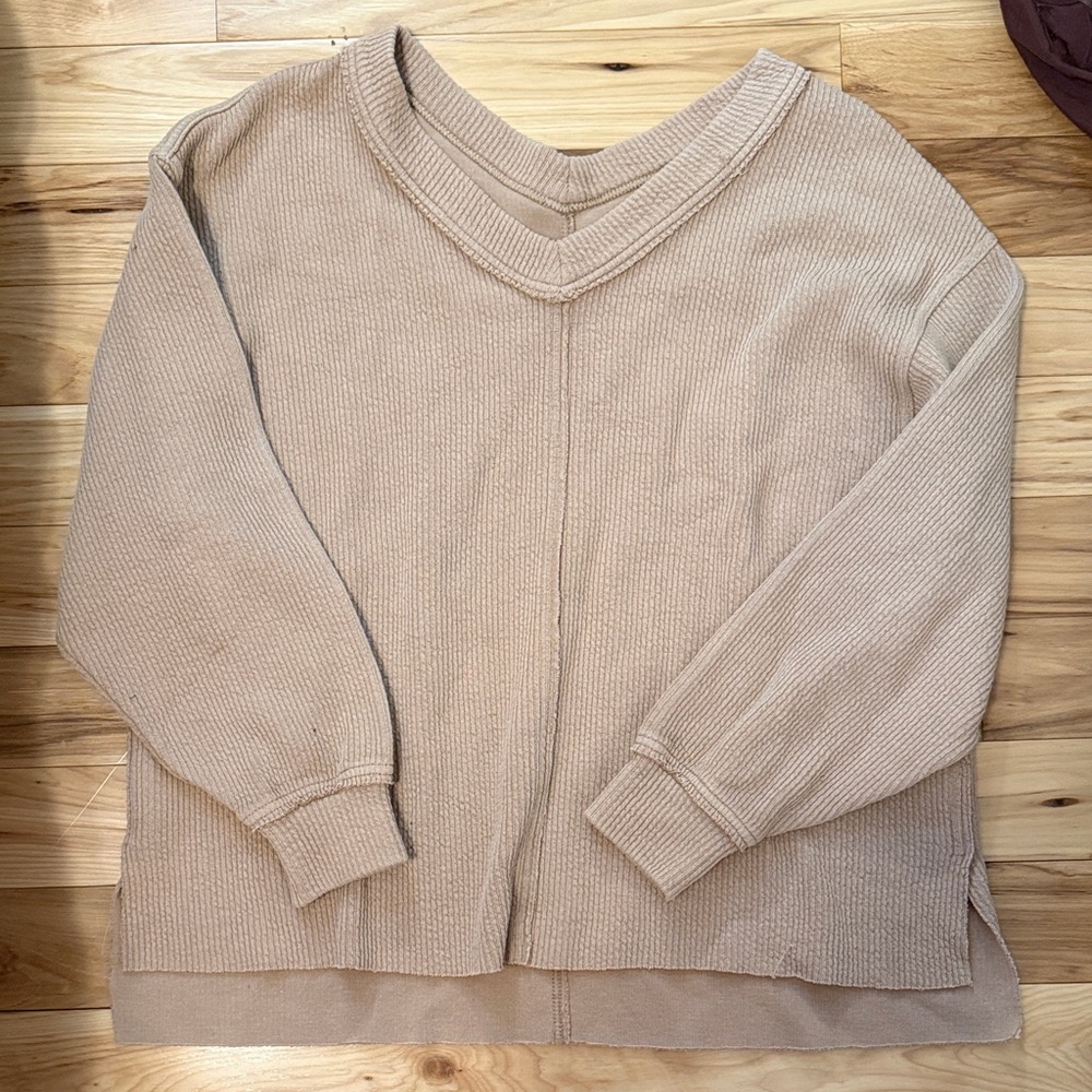 aerie Ribbed V-Neck Sweater in Beige